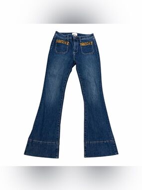 Driftwood Wyatt patch pocket trimmed in animal print flare jeans size 27